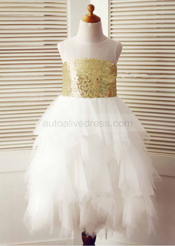 Sheer Neck Gold Sequin Ivory Tulle Ruffled Slit Back Flower Girl Dress